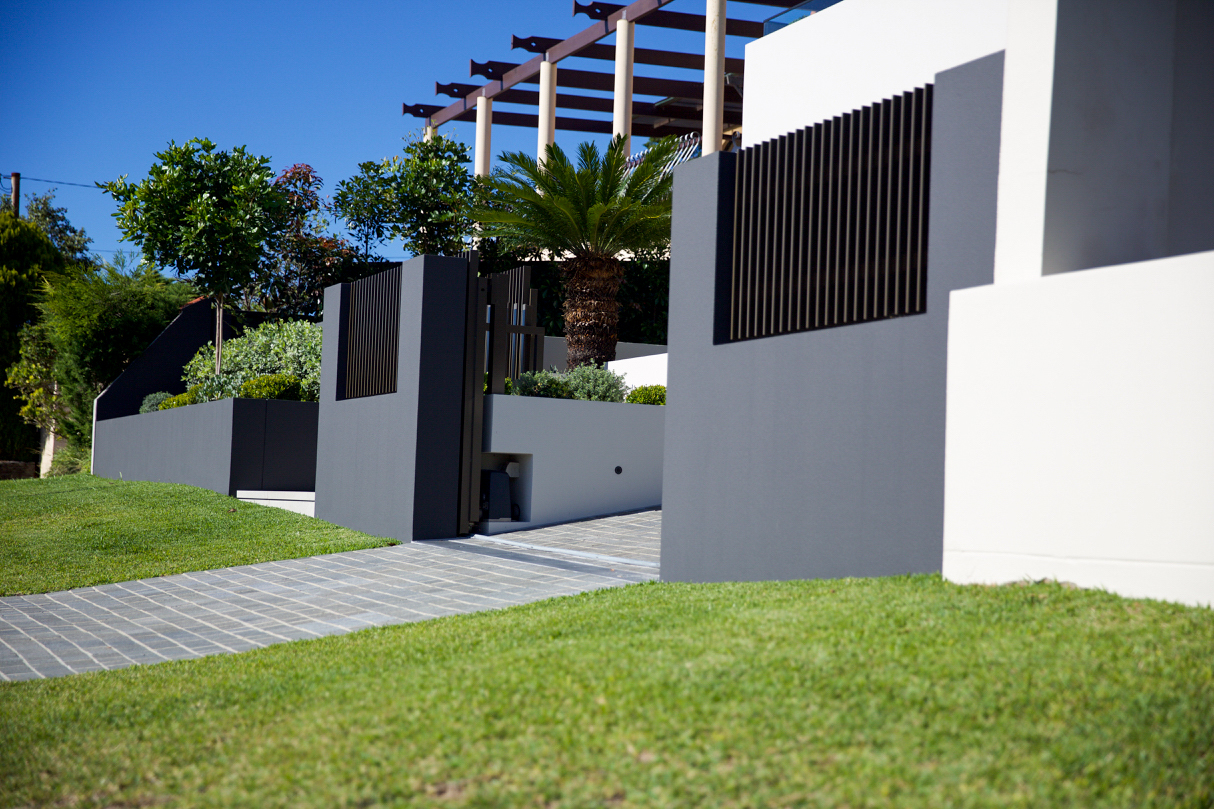 Rendered contemporary house exterior with landscaping